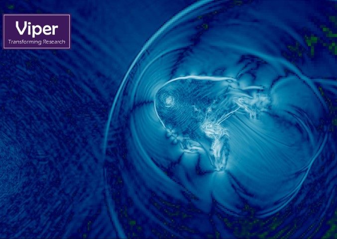 The image is created from a simulation of a galaxy moving through the atmosphere of a galaxy cluster. The image highlights region of strong shear, i.e., locations where layers of gas slip over each other. 